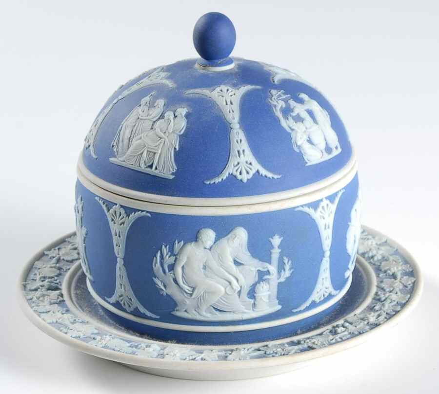Cream Color on Wedgwood Blue Jasperware Mustard with Lid & Attached Underplate by Wedgwood-1