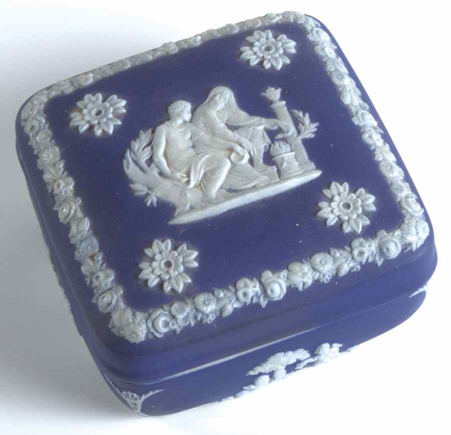 Cream Color on Wedgwood Blue Jasperware Square Box with Lid by Wedgwood-1