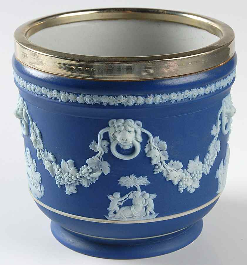 Cream Color on Wedgwood Blue Jasperware 4" Jardiniere by Wedgwood-1