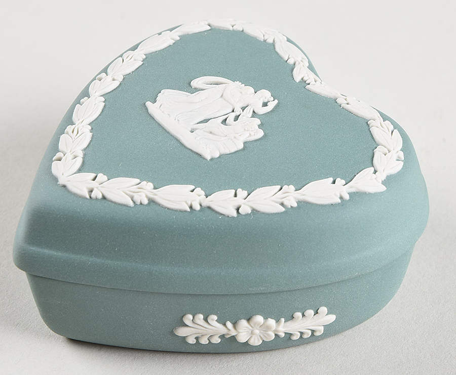 Cream Color on Teal Jasperware Small Heart Shape Box & Lid by Wedgwood-1