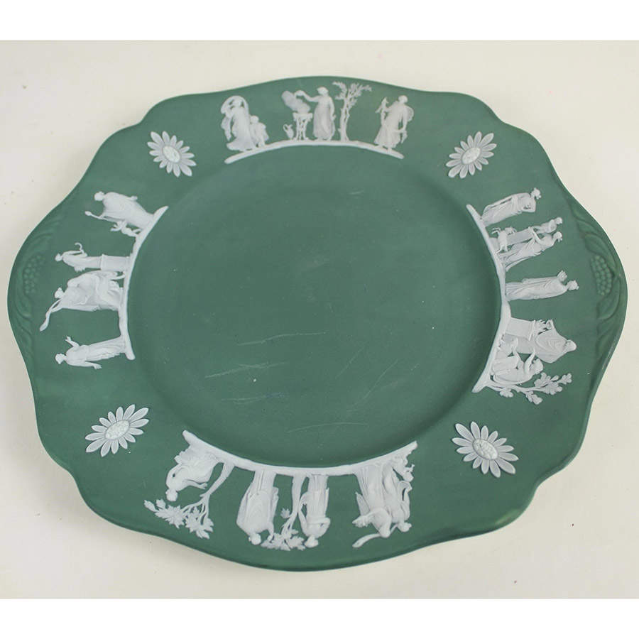 Cream Color on Teal Jasperware Square Handled Cake Plate by Wedgwood-1