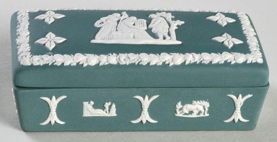 Cream Color on Teal Jasperware 3" Rectangular Box & Lid by Wedgwood-1