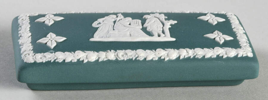Cream Color on Teal Jasperware Lid for 3" Rectangular Box by Wedgwood-1