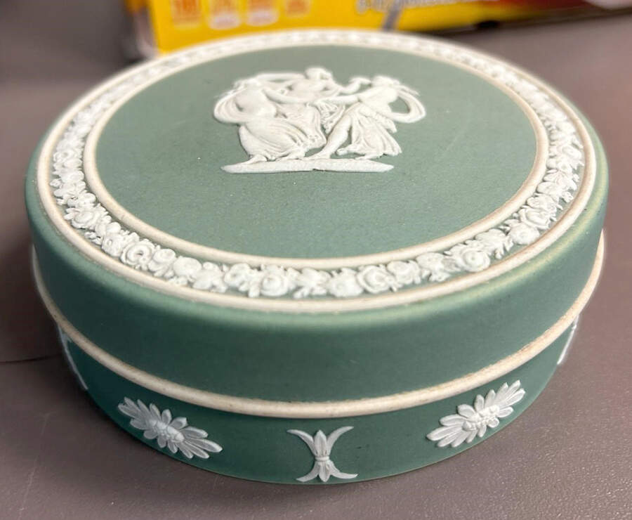 Cream Color on Teal Jasperware 4" Round Box & Lid by Wedgwood-1