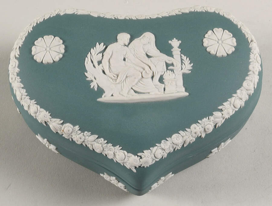 Cream Color on Teal Jasperware Heart Shape Box & Lid by Wedgwood-1