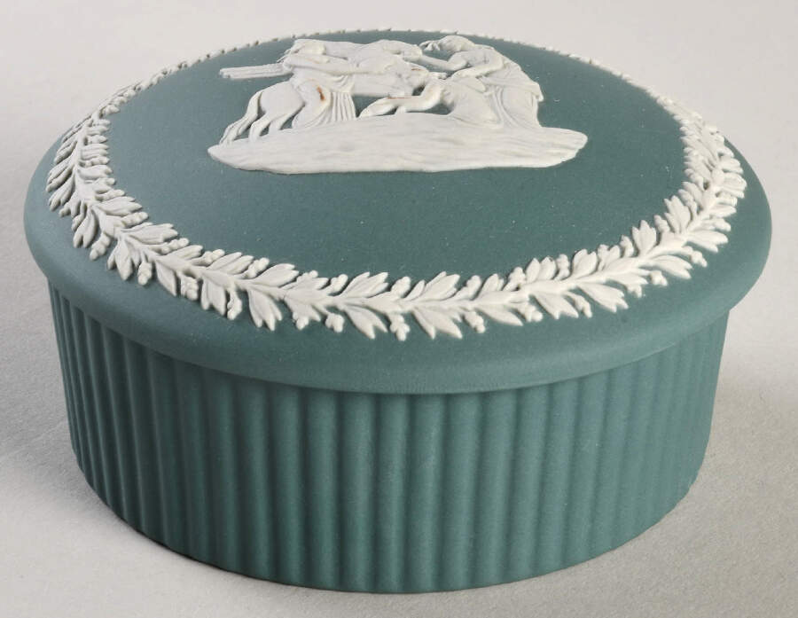 Cream Color on Teal Jasperware 3" Fluted Round Box & Lid by Wedgwood-1