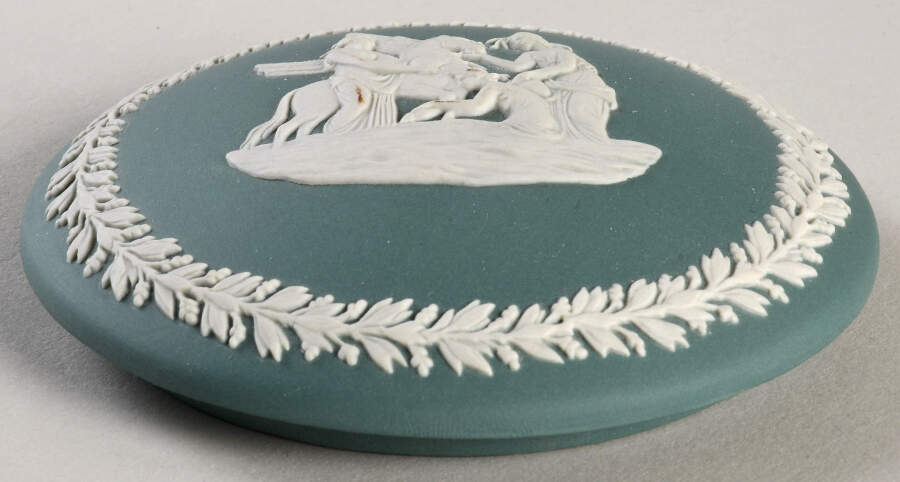 Cream Color on Teal Jasperware 3" Round Fluted Box-Lid by Wedgwood-1