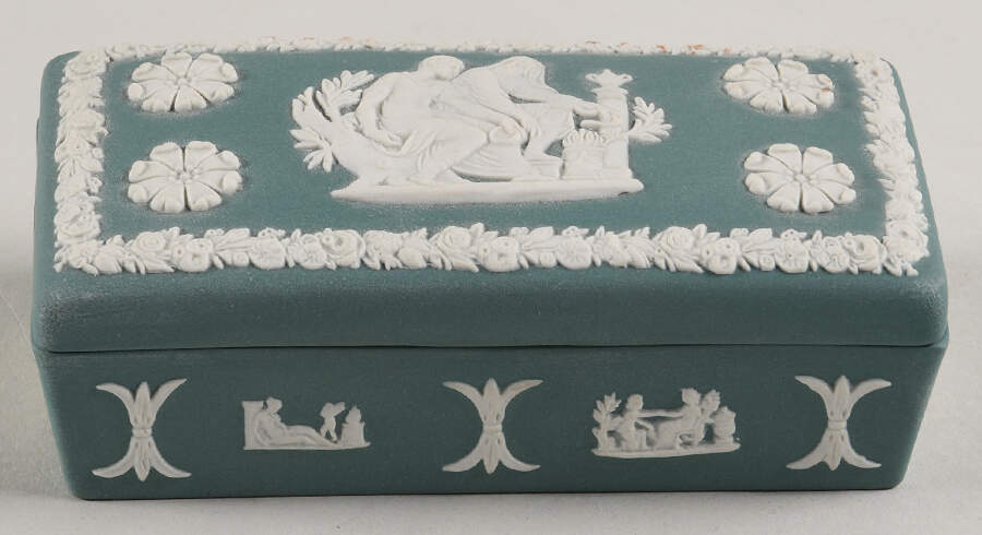 Cream Color on Teal Jasperware 3" Rectangular Box & Lid by Wedgwood-1