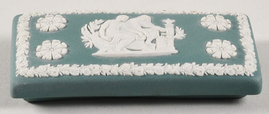 Cream Color on Teal Jasperware Lid for 3" Rectangular Box by Wedgwood-1