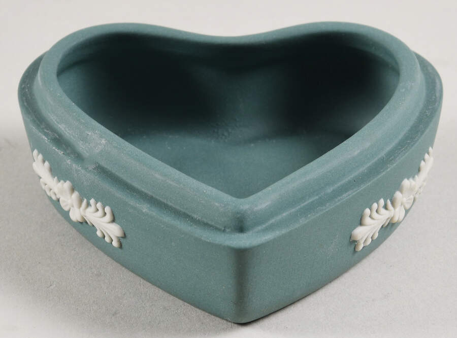Cream Color on Teal Jasperware Small Heart Shape Box-No Lid by Wedgwood-1