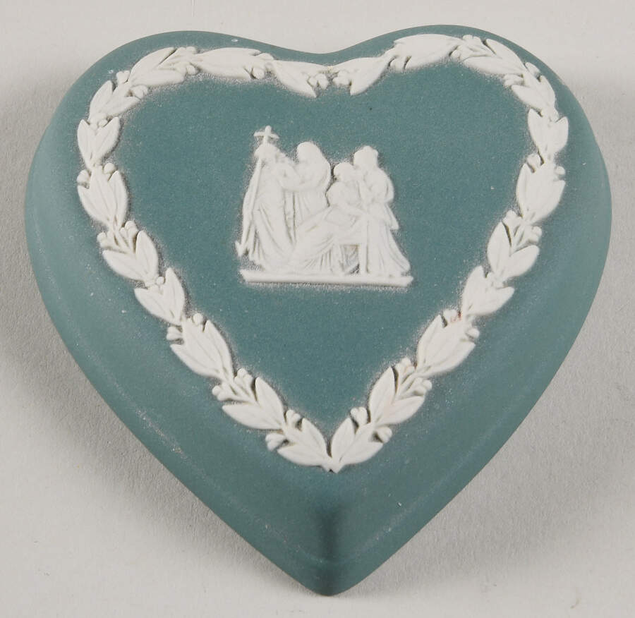 Cream Color on Teal Jasperware Small Heart Shape Box-Lid by Wedgwood-1
