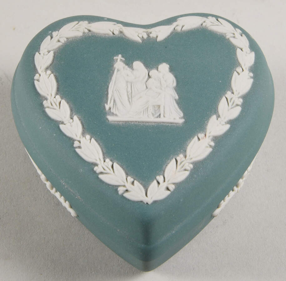Cream Color on Teal Jasperware Small Heart Shape Box & Lid by Wedgwood-1