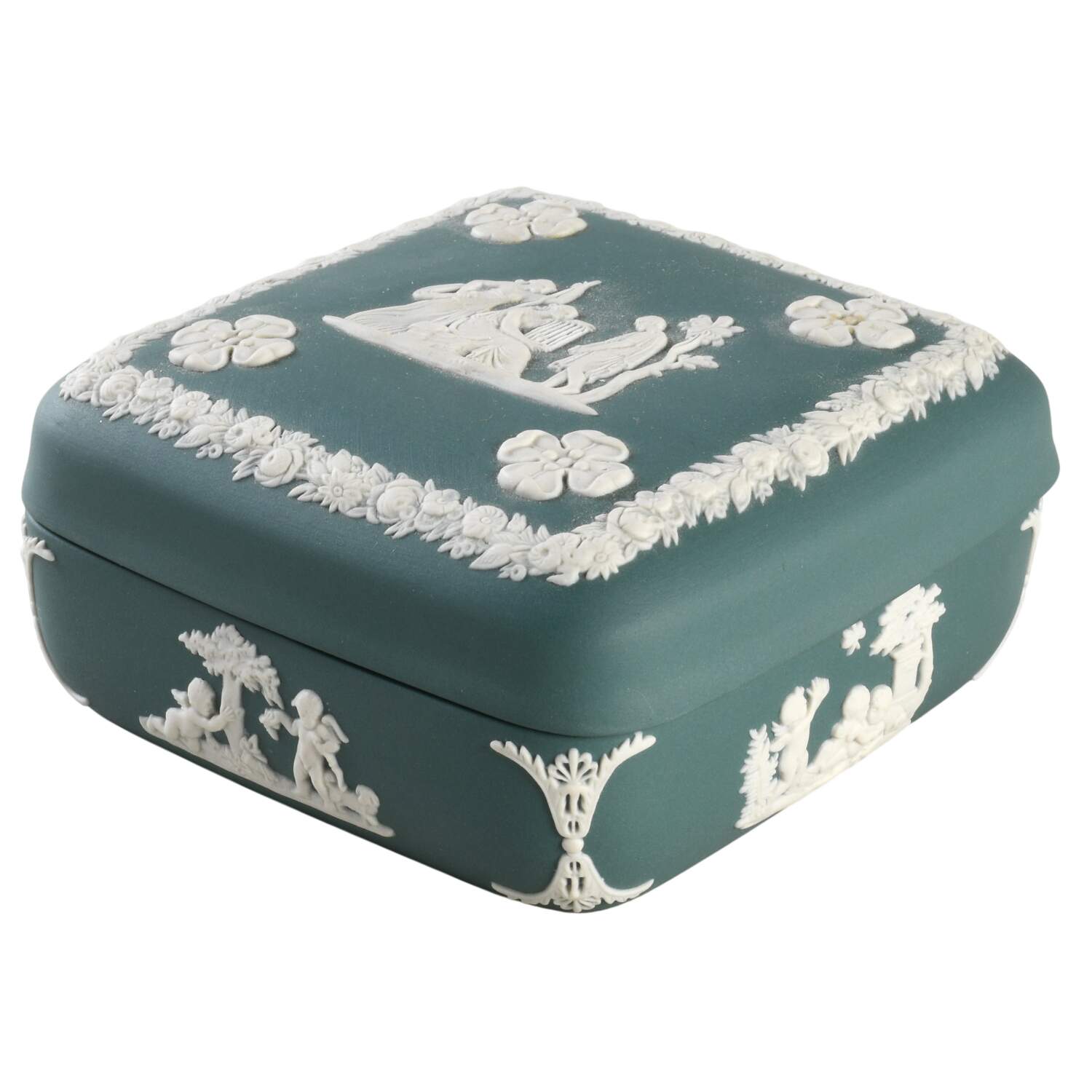 Cream Color on Teal Jasperware Square Box with Lid by Wedgwood-1