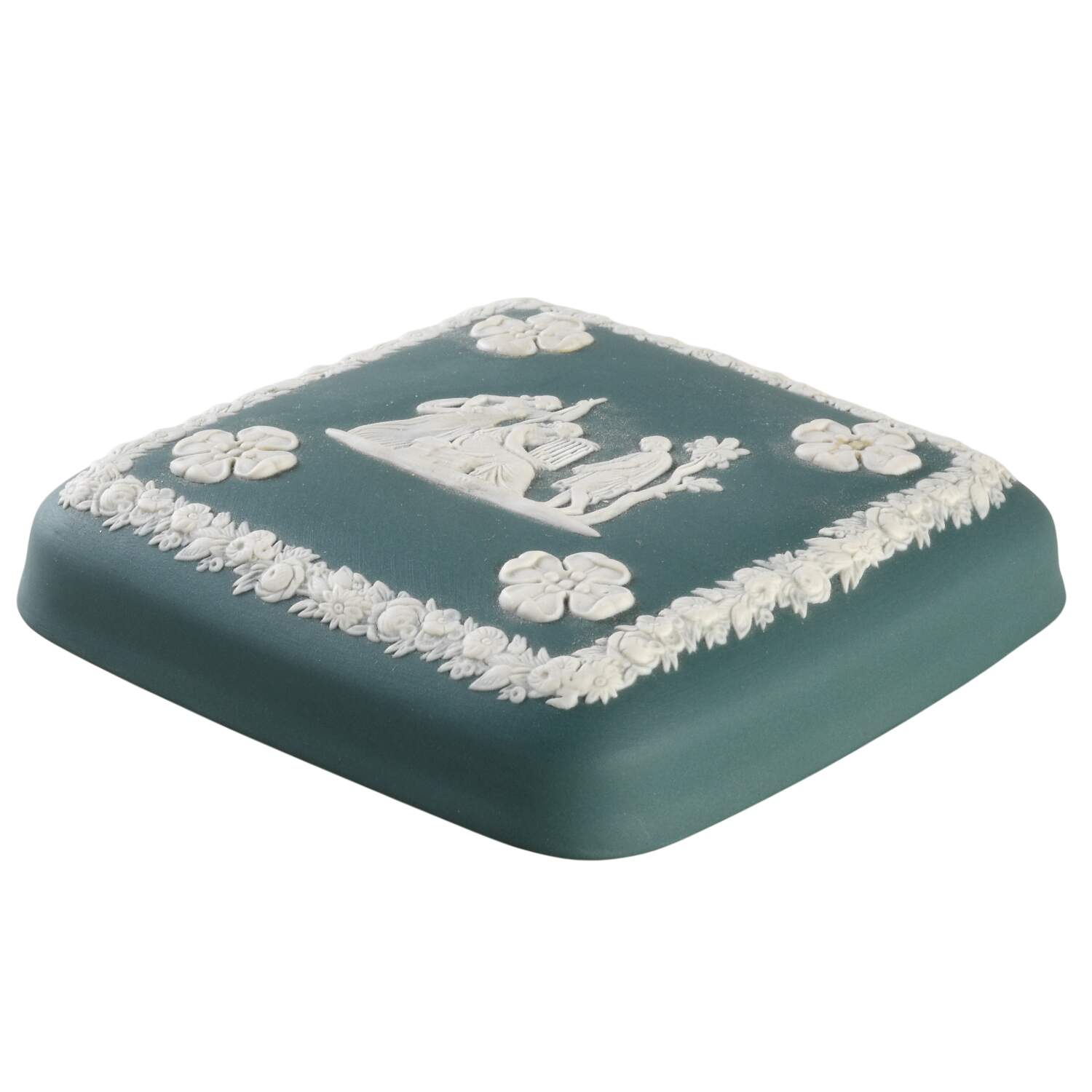 Cream Color on Teal Jasperware Lid for Square Box by Wedgwood-1