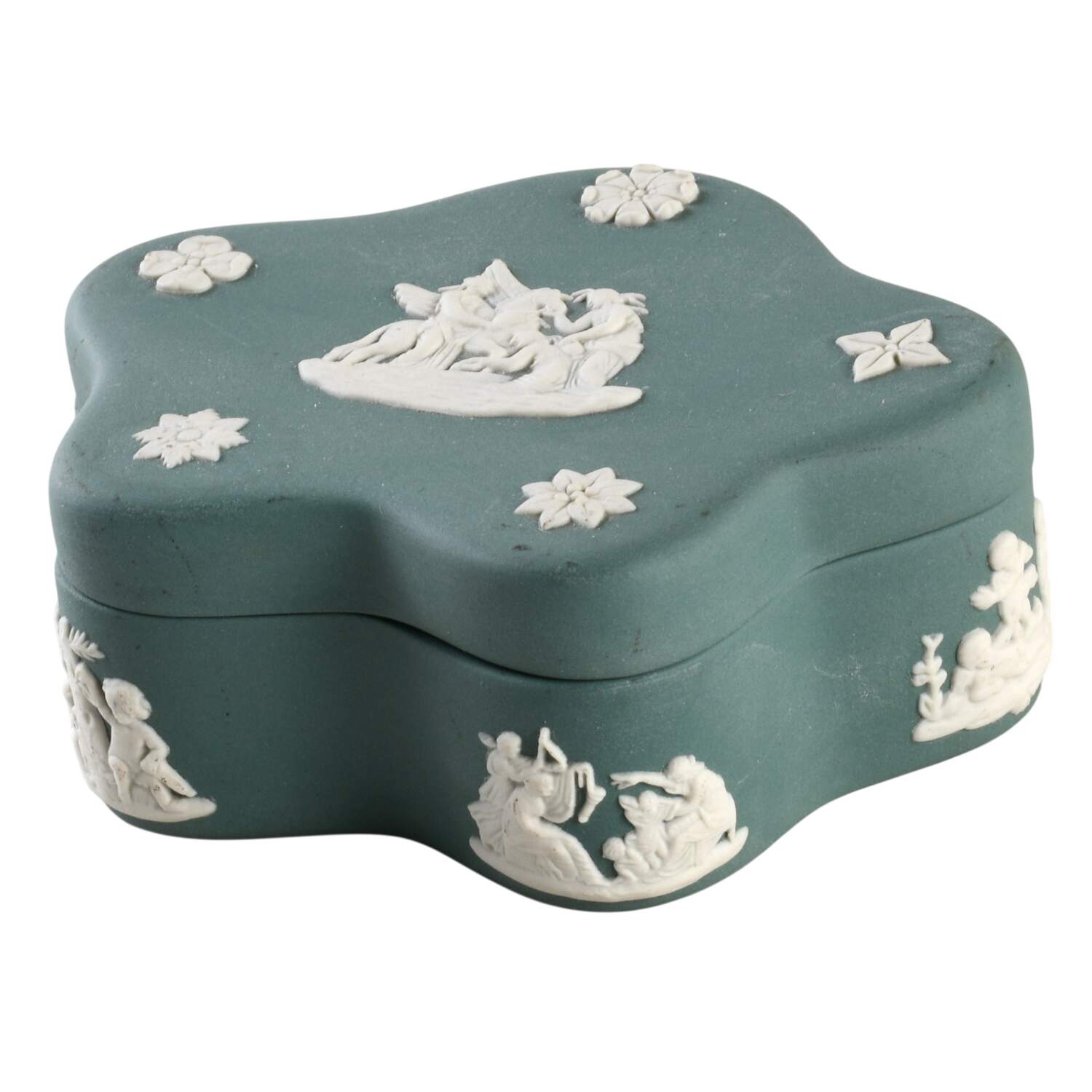 Cream Color on Teal Jasperware Pentefoil Box & Lid by Wedgwood-1