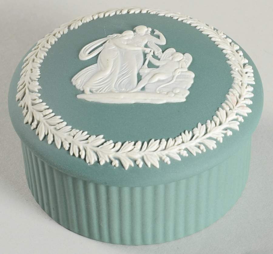 Cream Color on Teal Jasperware 3" Round Fluted Box & Lid by Wedgwood-1