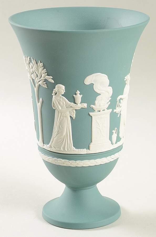 Cream Color on Teal Jasperware 7" Arcadian Vase by Wedgwood-1