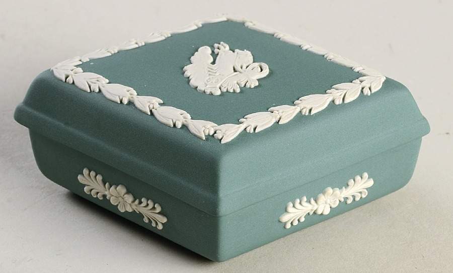 Cream Color on Teal Jasperware Diamond Shaped Box with Lid by Wedgwood-1