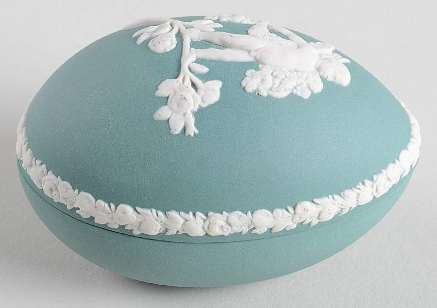 Cream Color on Teal Jasperware 2" Egg Box & Lid by Wedgwood-1