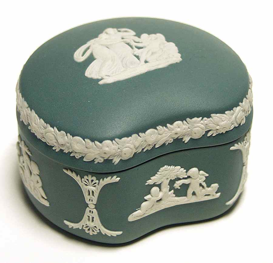 Cream Color on Teal Jasperware Bean Box & Lid by Wedgwood-1