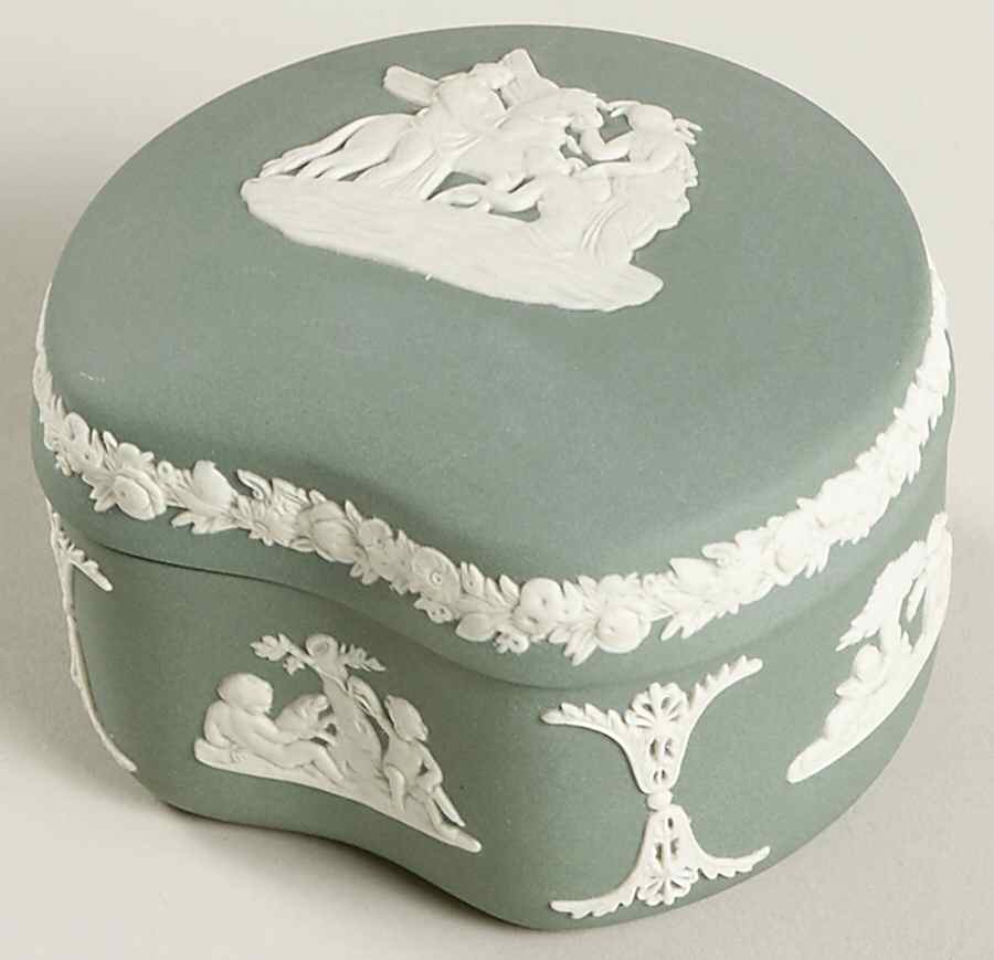 Cream Color on Teal Jasperware Bean Box & Lid by Wedgwood-1