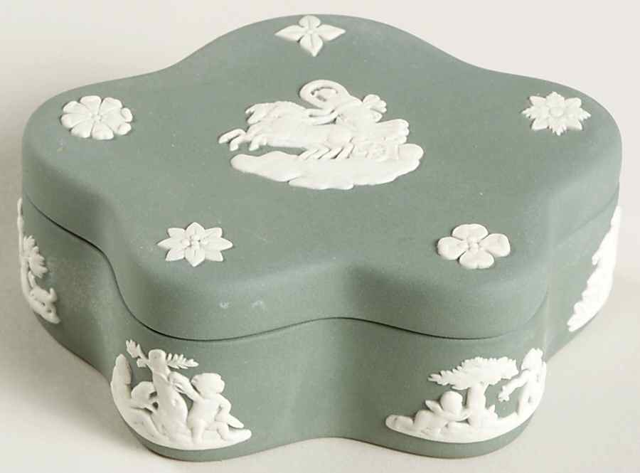 Cream Color on Teal Jasperware Pentefoil Box & Lid by Wedgwood-1