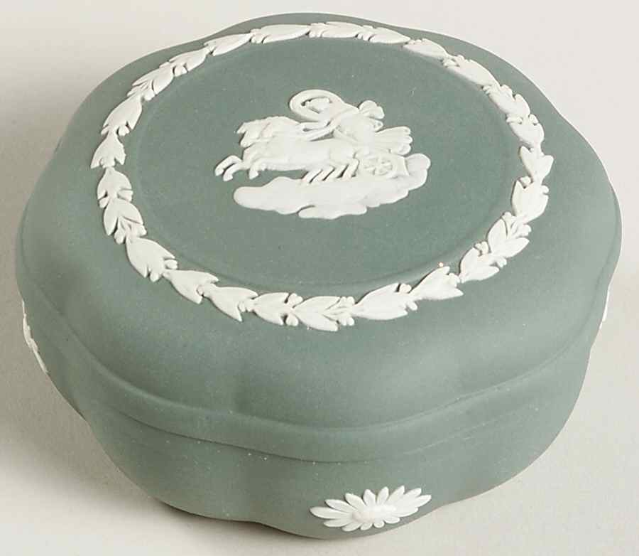 Cream Color on Teal Jasperware Small Scalloped Candy Box by Wedgwood-1