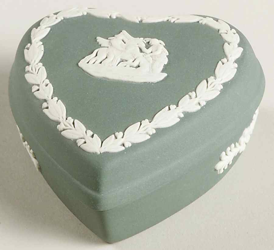 Cream Color on Teal Jasperware Small Heart Shape Box & Lid by Wedgwood-1