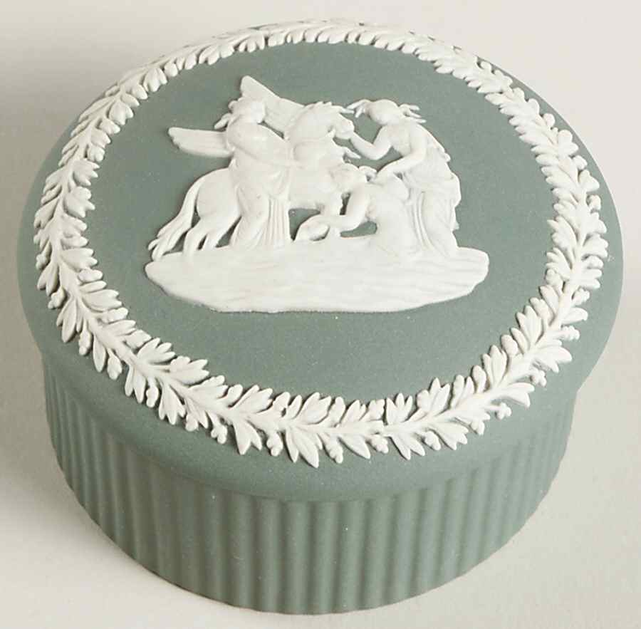 Cream Color on Teal Jasperware 2" Round Fluted Box & Lid by Wedgwood-1