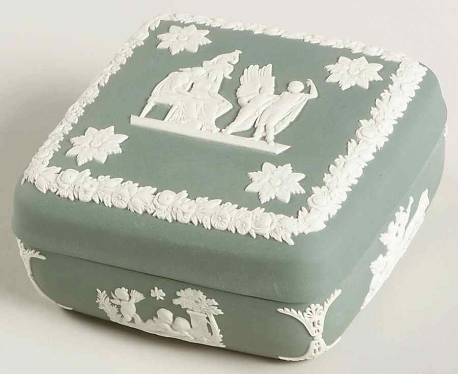 Cream Color on Teal Jasperware Square Box with Lid by Wedgwood-1