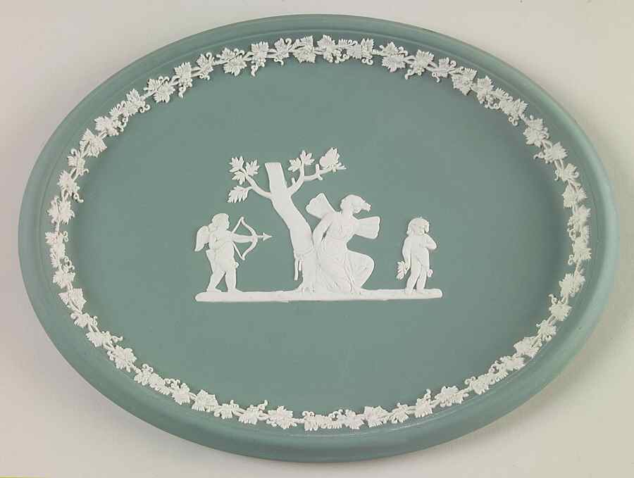Cream Color on Teal Jasperware 10" Oval Tray by Wedgwood-1