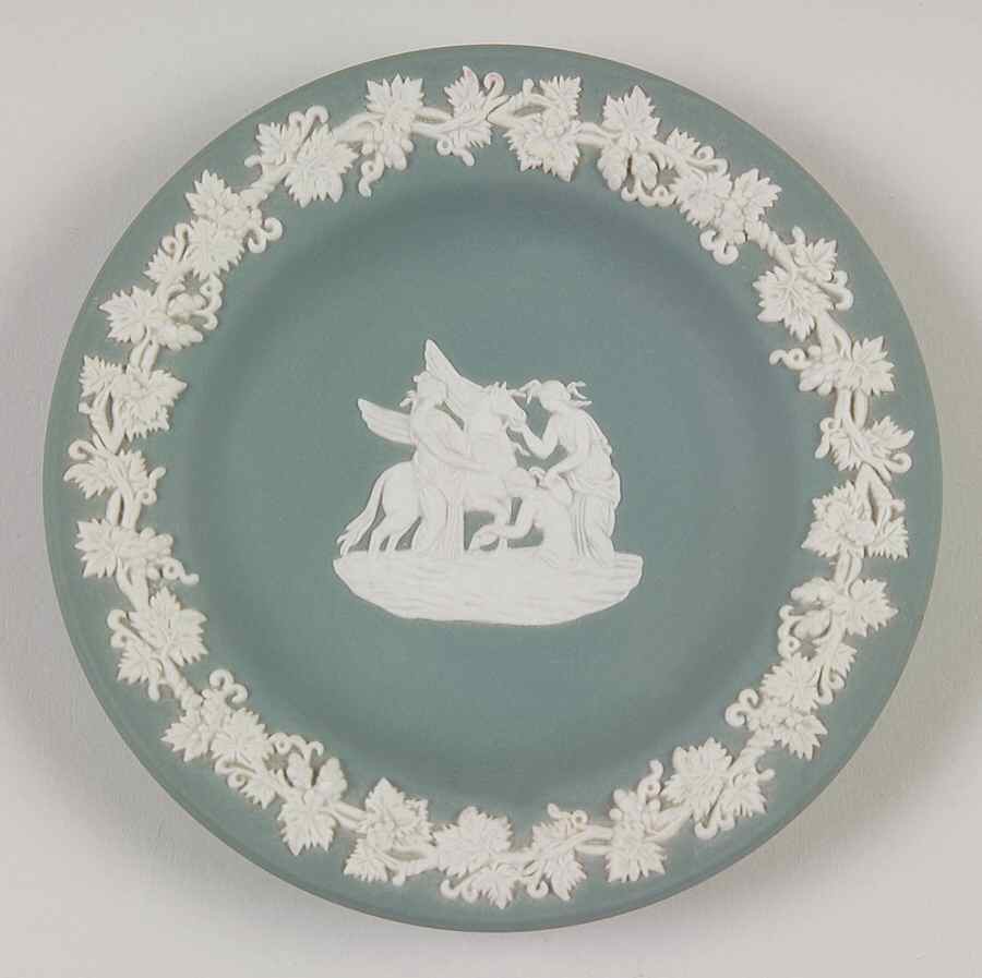 Cream Color on Teal Jasperware 4" Round Tray by Wedgwood-1