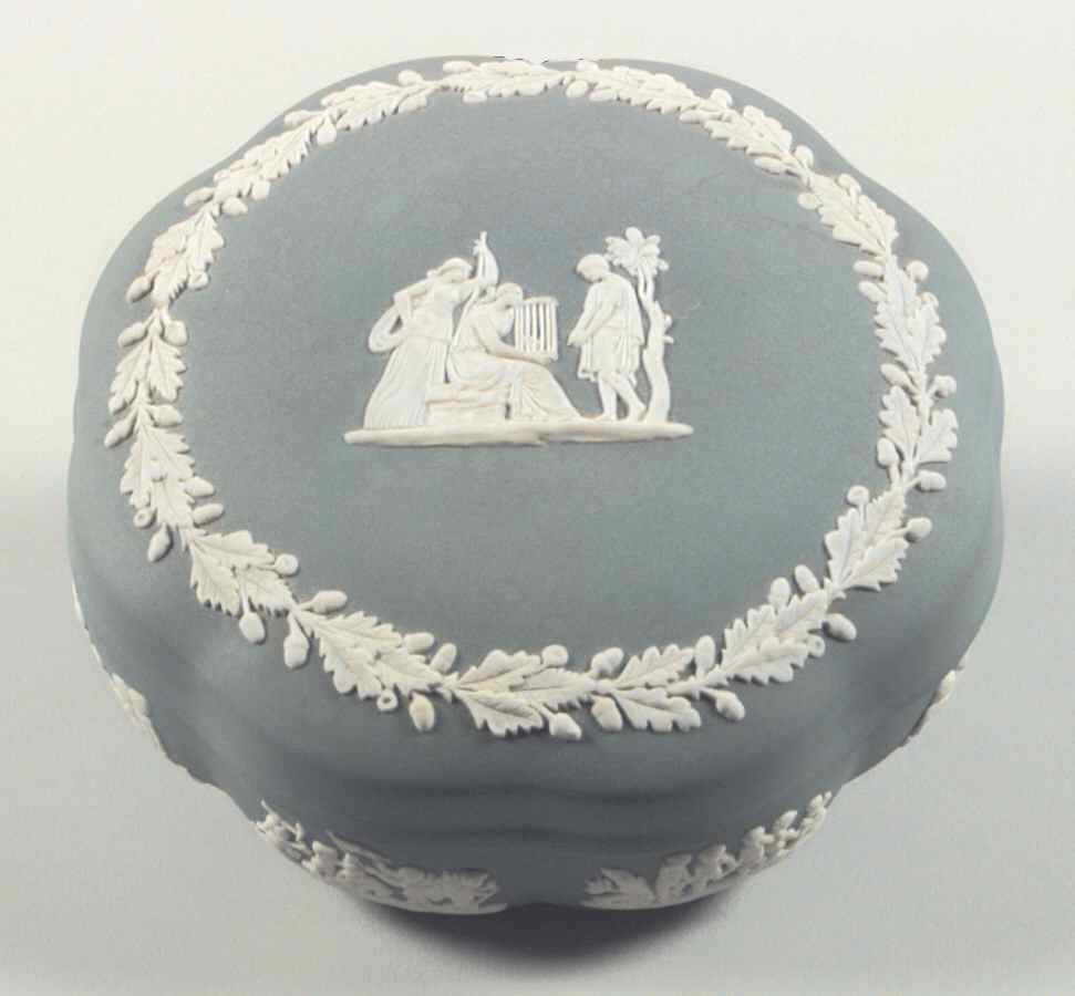 Cream Color on Teal Jasperware Large Scalloped Candy Box & Lid by Wedgwood-1