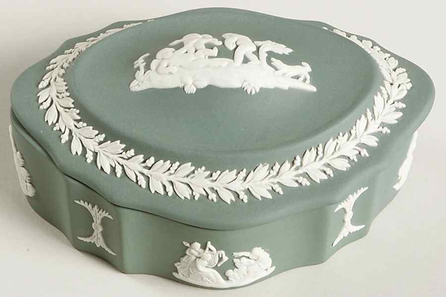 Cream Color on Teal Jasperware Silver/Candy Box with Lid by Wedgwood-1