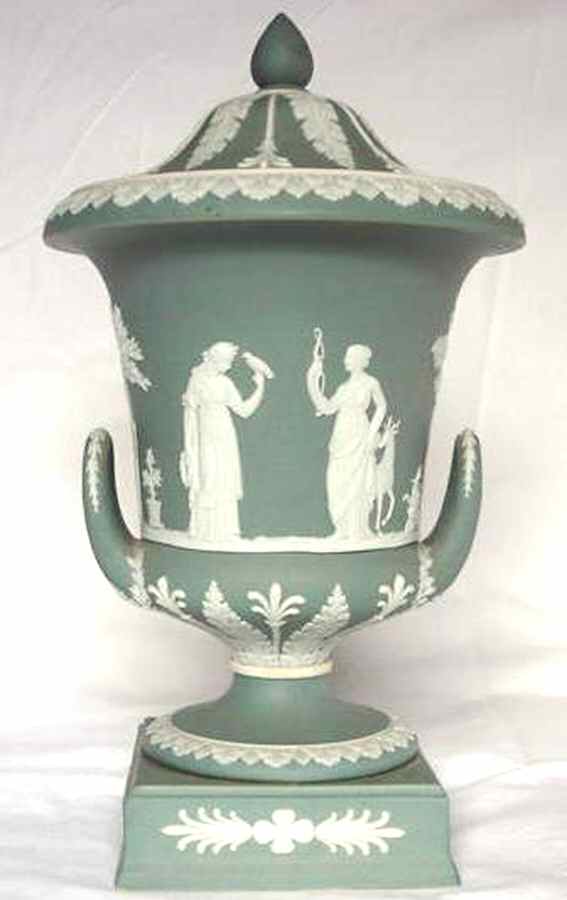 Cream Color on Teal Jasperware Vase/Urn & Lid by Wedgwood-1