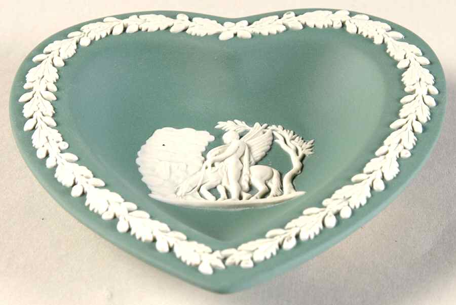 Cream Color on Teal Jasperware Small Heart Shape Ashtray by Wedgwood-1