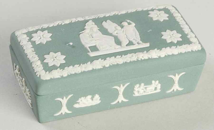 Cream Color on Teal Jasperware 3" Rectangular Box & Lid by Wedgwood-1