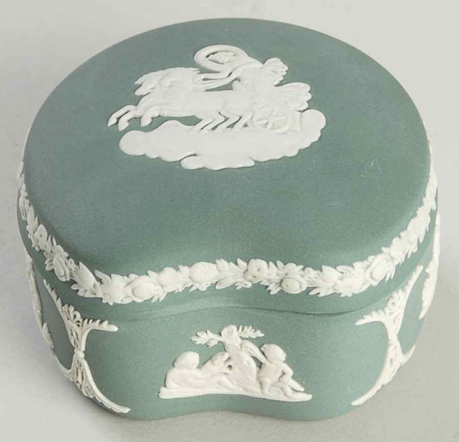 Cream Color on Teal Jasperware Bean Box & Lid by Wedgwood-1