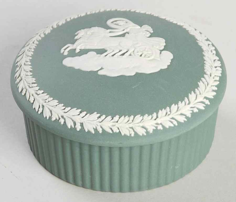 Cream Color on Teal Jasperware 3" Round Fluted Box & Lid by Wedgwood-1