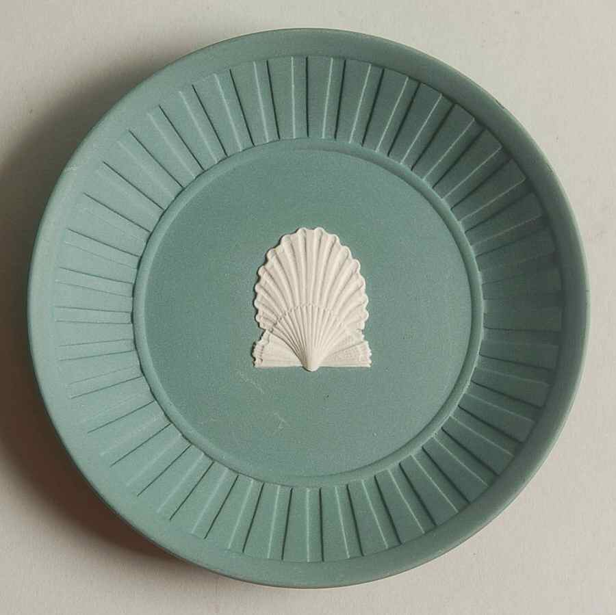 Cream Color on Teal Jasperware 4" Round Fluted Tray by Wedgwood-1