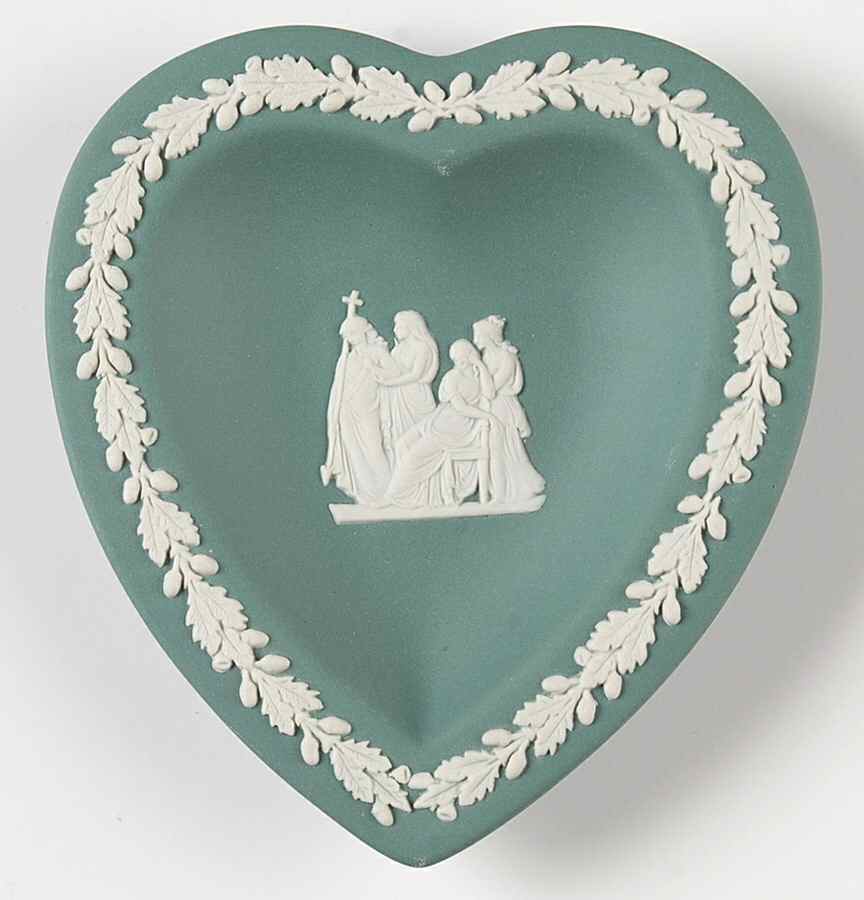 Cream Color on Teal Jasperware Small Heart Shape Ashtray by Wedgwood-1