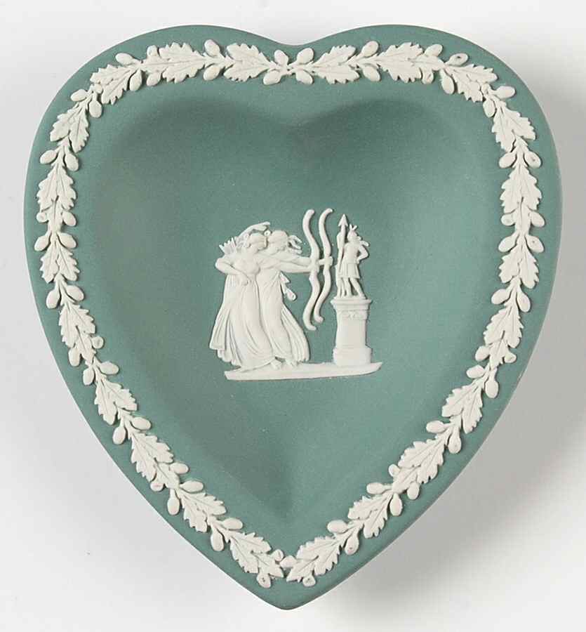 Cream Color on Teal Jasperware Small Heart Shape Ashtray by Wedgwood-1