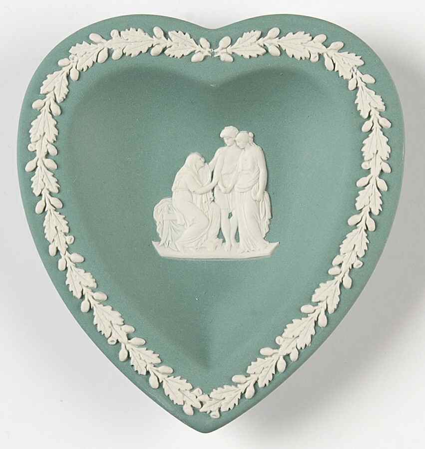 Cream Color on Teal Jasperware Small Heart Shape Ashtray by Wedgwood-1