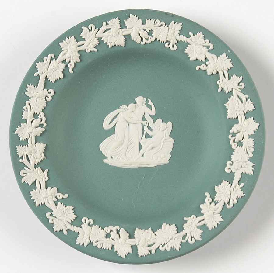 Cream Color on Teal Jasperware 4" Round Tray by Wedgwood-1
