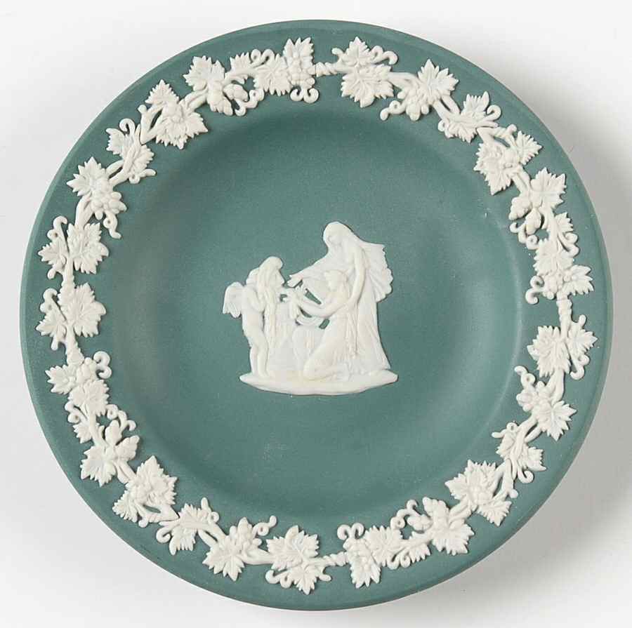 Cream Color on Teal Jasperware 4" Round Tray by Wedgwood-1