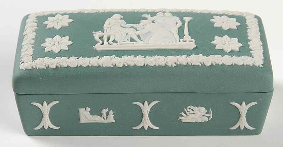Cream Color on Teal Jasperware 3" Rectangular Box & Lid by Wedgwood-1