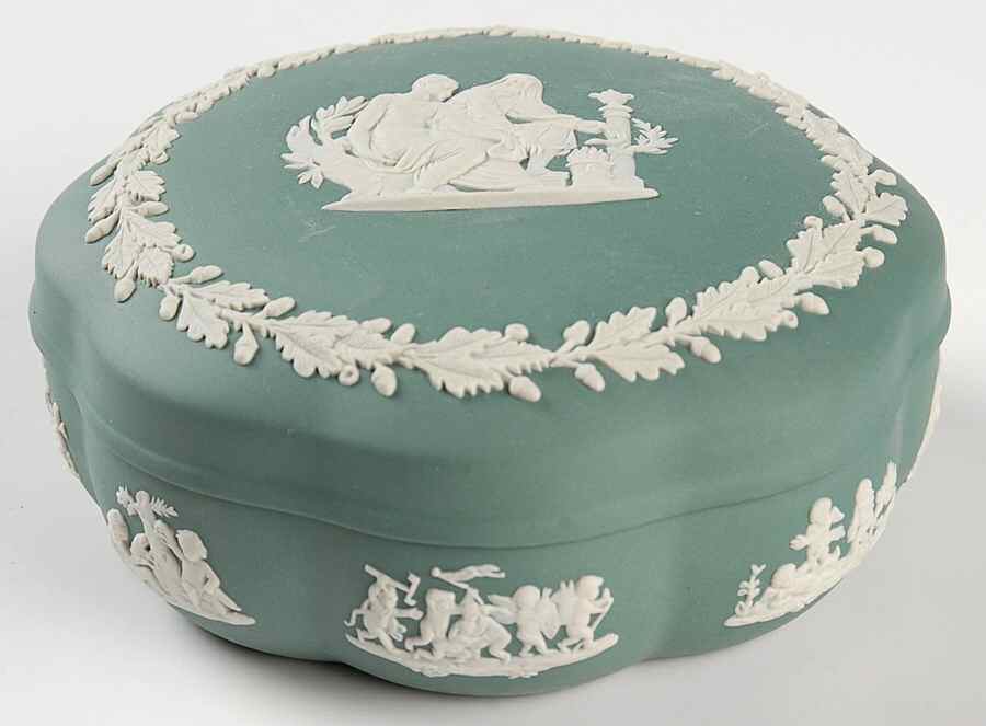 Cream Color on Teal Jasperware Large Scalloped Candy Box & Lid by Wedgwood-1