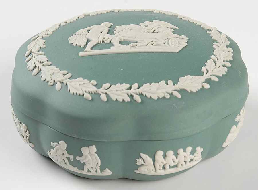 Cream Color on Teal Jasperware Large Scalloped Candy Box & Lid by Wedgwood-1