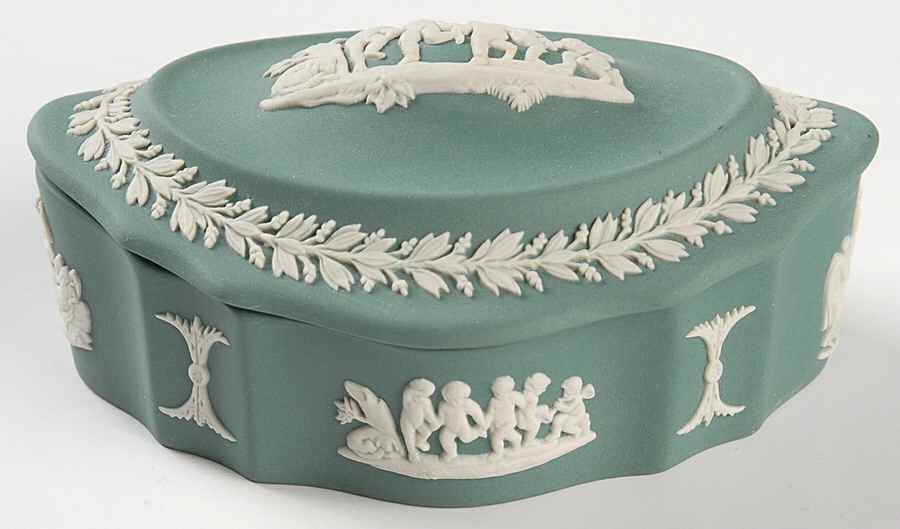 Cream Color on Teal Jasperware Silver/Candy Box & Lid by Wedgwood-1