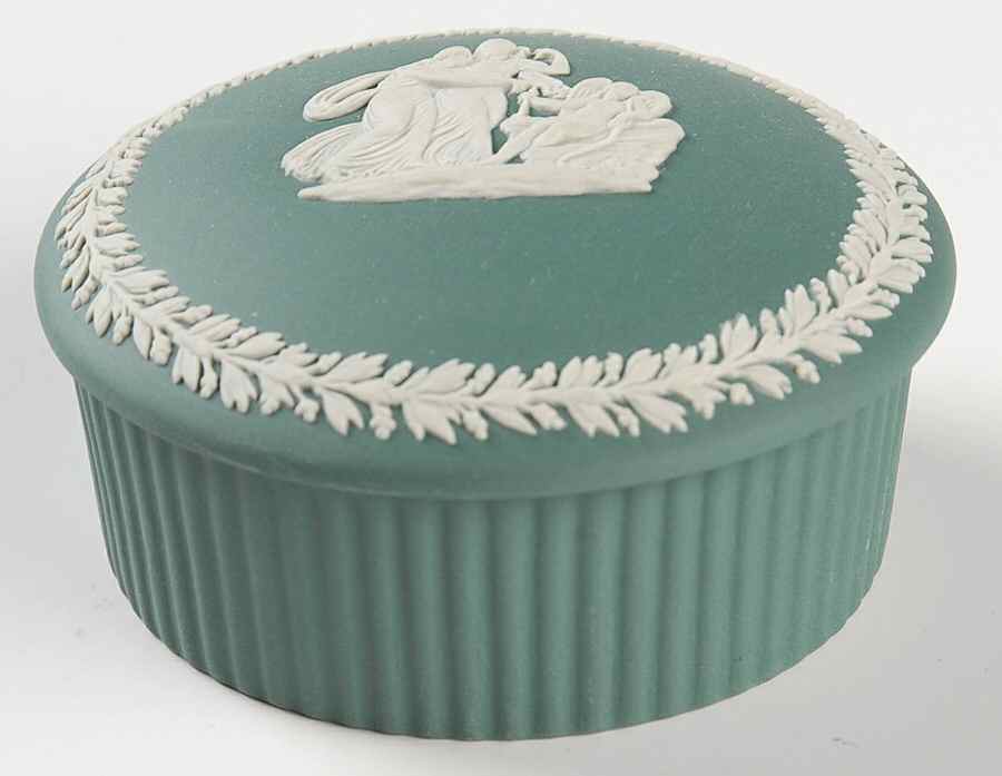Cream Color on Teal Jasperware 3" Fluted Round Box & Lid by Wedgwood-1